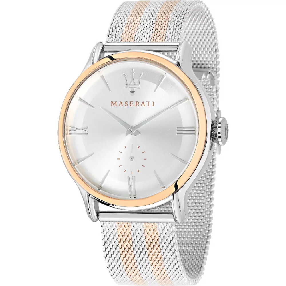 "Elegantissimo orologio uomo Maserati Epoca solo tempo in acciaio inossidabile con quadrante bianco e dettagli rosè."R8853118005