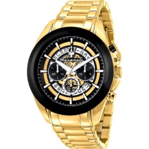 Stupendo Orologio uomo Maserati della  Collezione TRAGUARDO, in acciaio dorato, movimento al quarzo, funzione cronografo scheletrato.Codice-R8873612058.