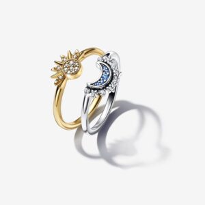 Splendido anello da donna pandora set sole luna realizzato in argento 925% dorato e bianco-B8D236.