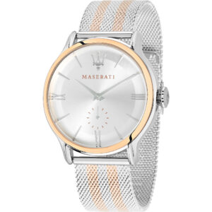 "Elegantissimo orologio uomo Maserati Epoca solo tempo in acciaio inossidabile con quadrante bianco e dettagli rosè."R8853118005